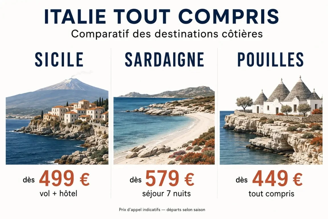 Voyage pas cher tout compris Italie : comparaison visuelle de la Sicile, de la Sardaigne et des Pouilles avec budgets d’appel