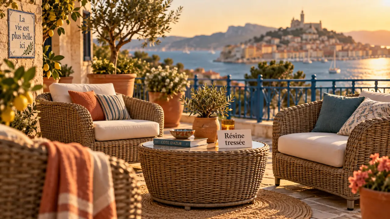 Salon de jardin osier en résine tressée effet osier sur terrasse