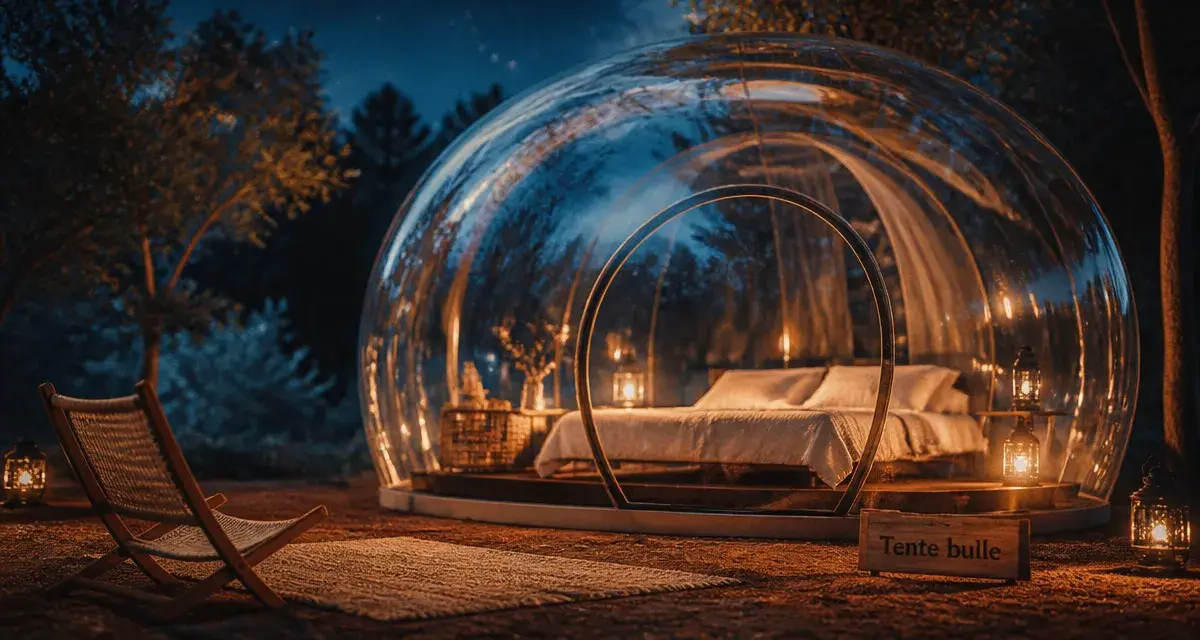 Photo tente bulle pour dormir sous les étoiles, forêt nocturne